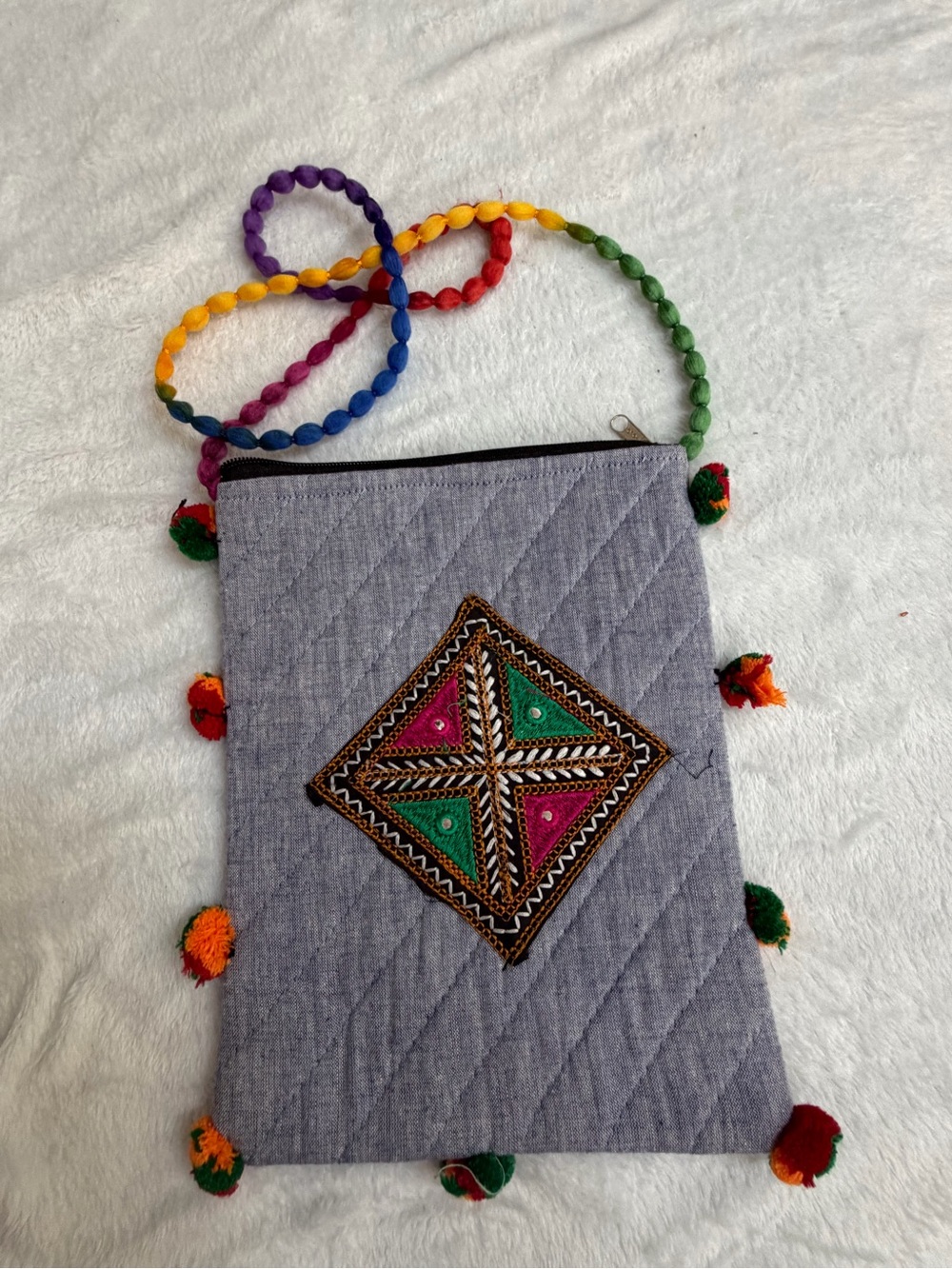 Boho Embroidered Pom Pom Crossbody Bag Multicolor Textile Purse